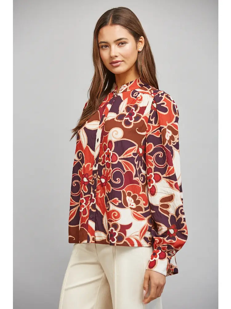 Large Scale Abstract Floral Print Stan-Up Collar Button Down Fate