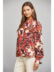 Large Scale Abstract Floral Print Stan-Up Collar Button Down Fate