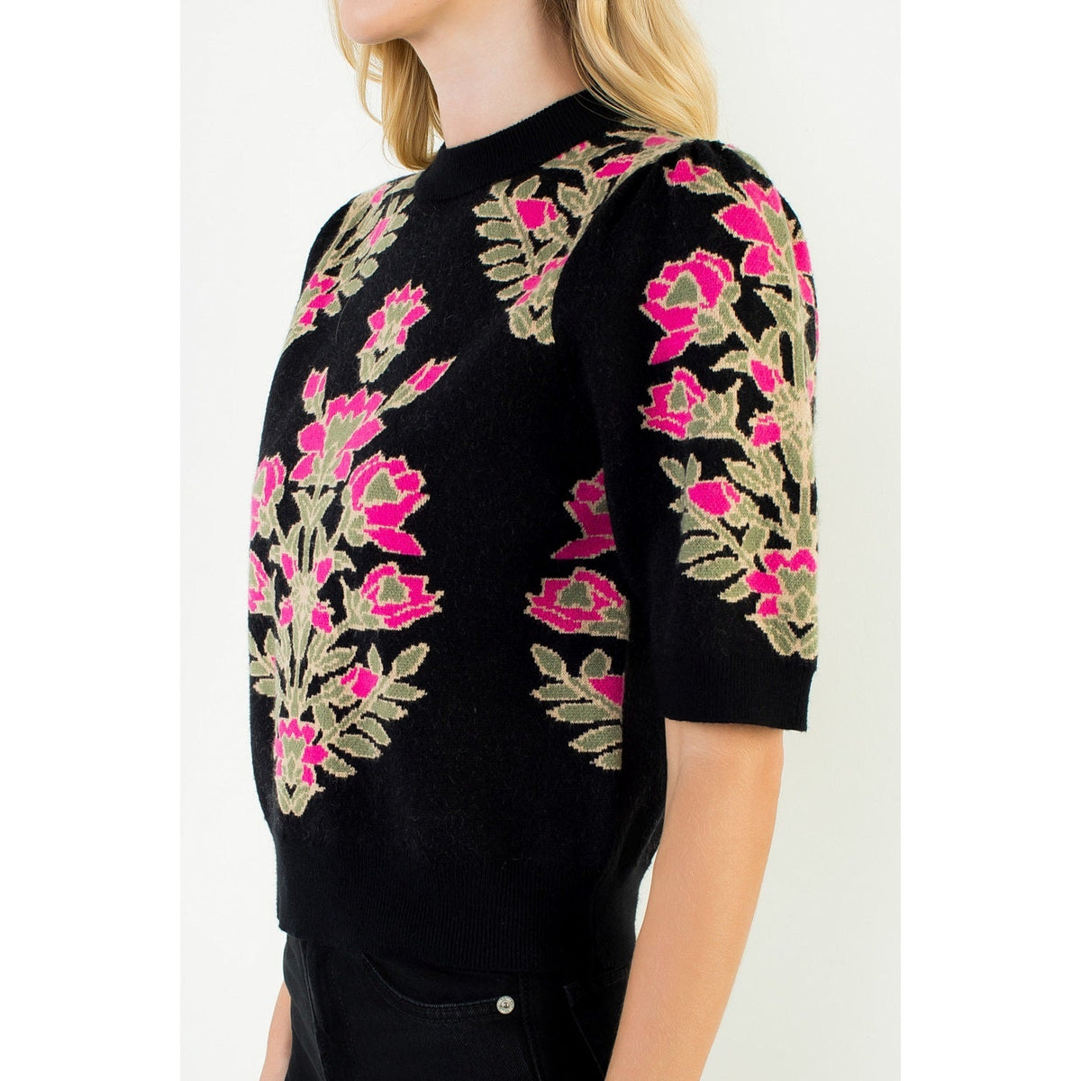 Short Sleeve Floral Pattern Sweater THML