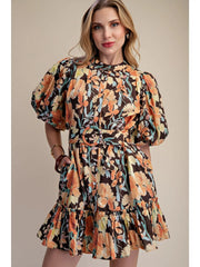 Floral Mini Dress Puff-Sleeve Button-Front with Belt Glam