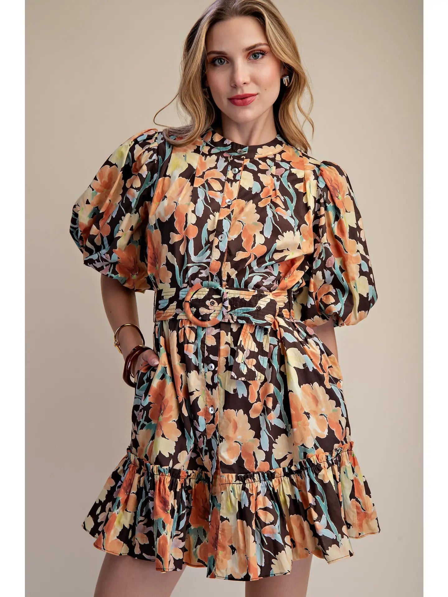 Floral Mini Dress Puff-Sleeve Button-Front with Belt Glam
