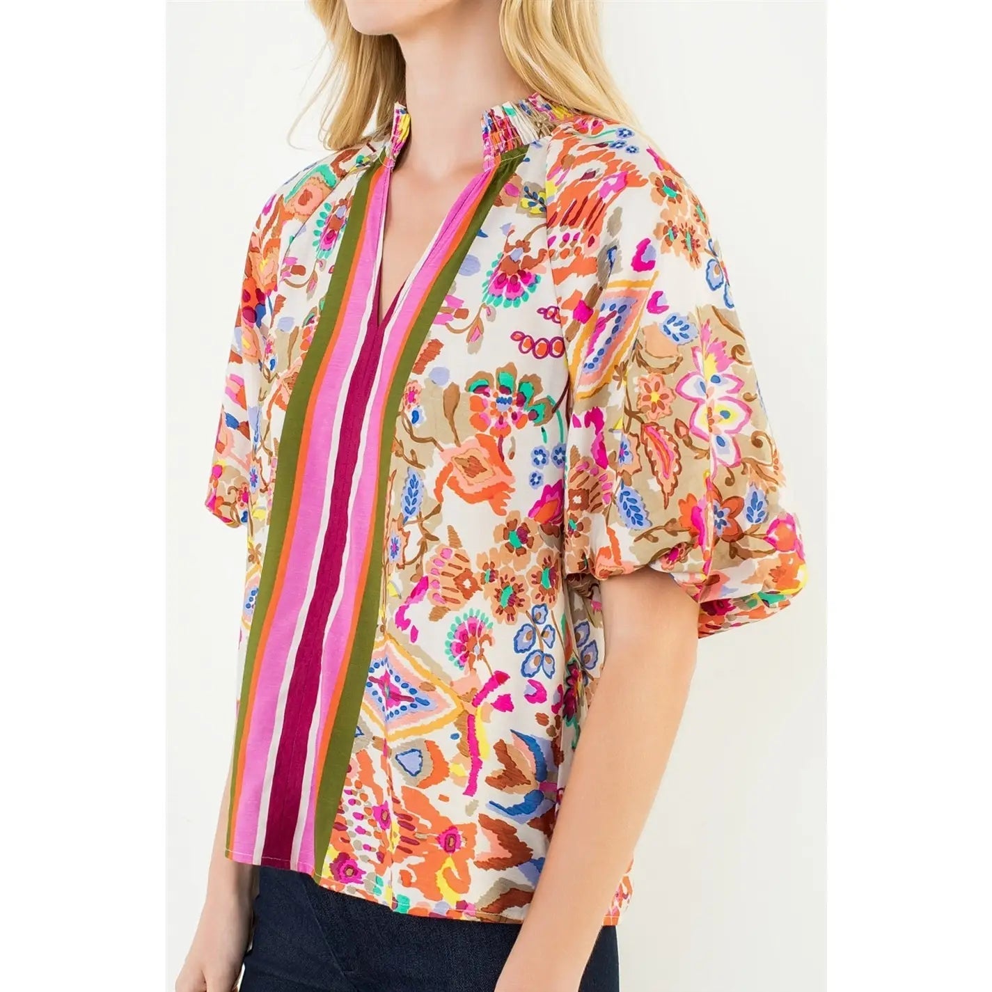Puff Sleeve Pattern Detail Textured Top THML