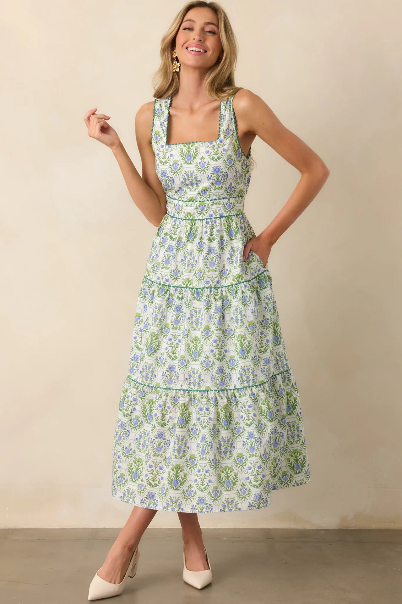 This Is The One Green Geometric Floral Cotton Maxi Dress Entro