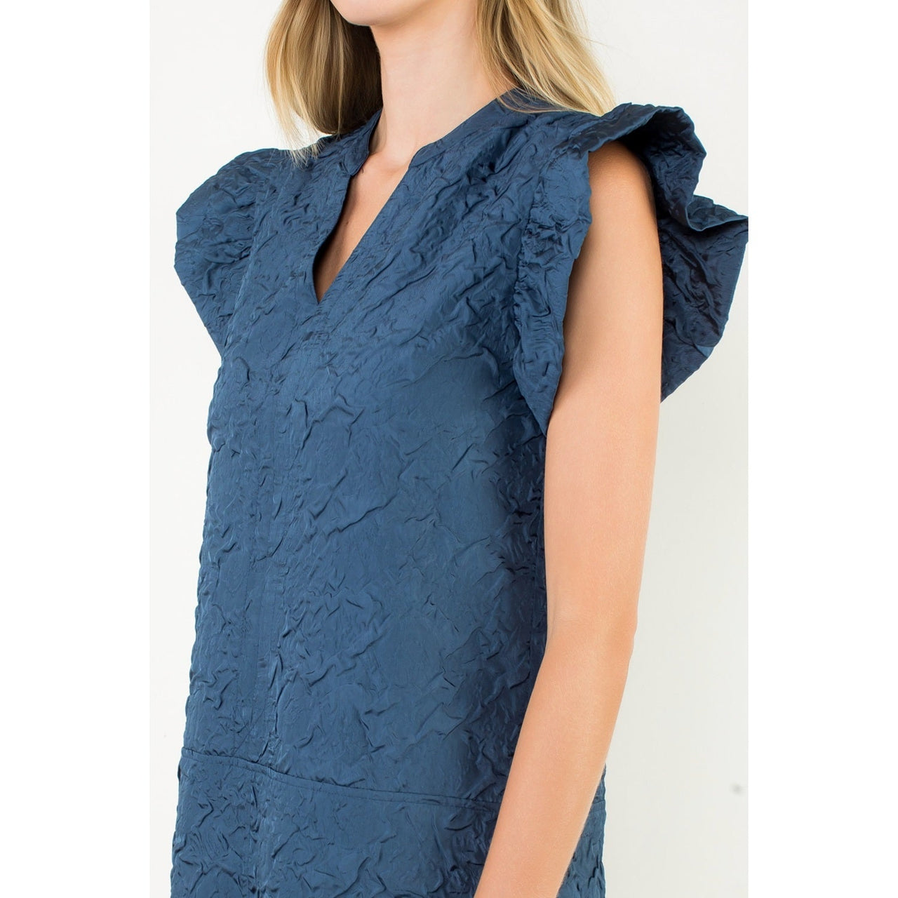 Flutter Sleeve Split Neck Textured Dress THML