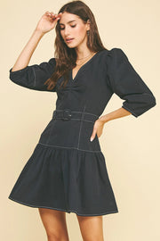 Puffed Sleeve Belted Mini Dress Pinch