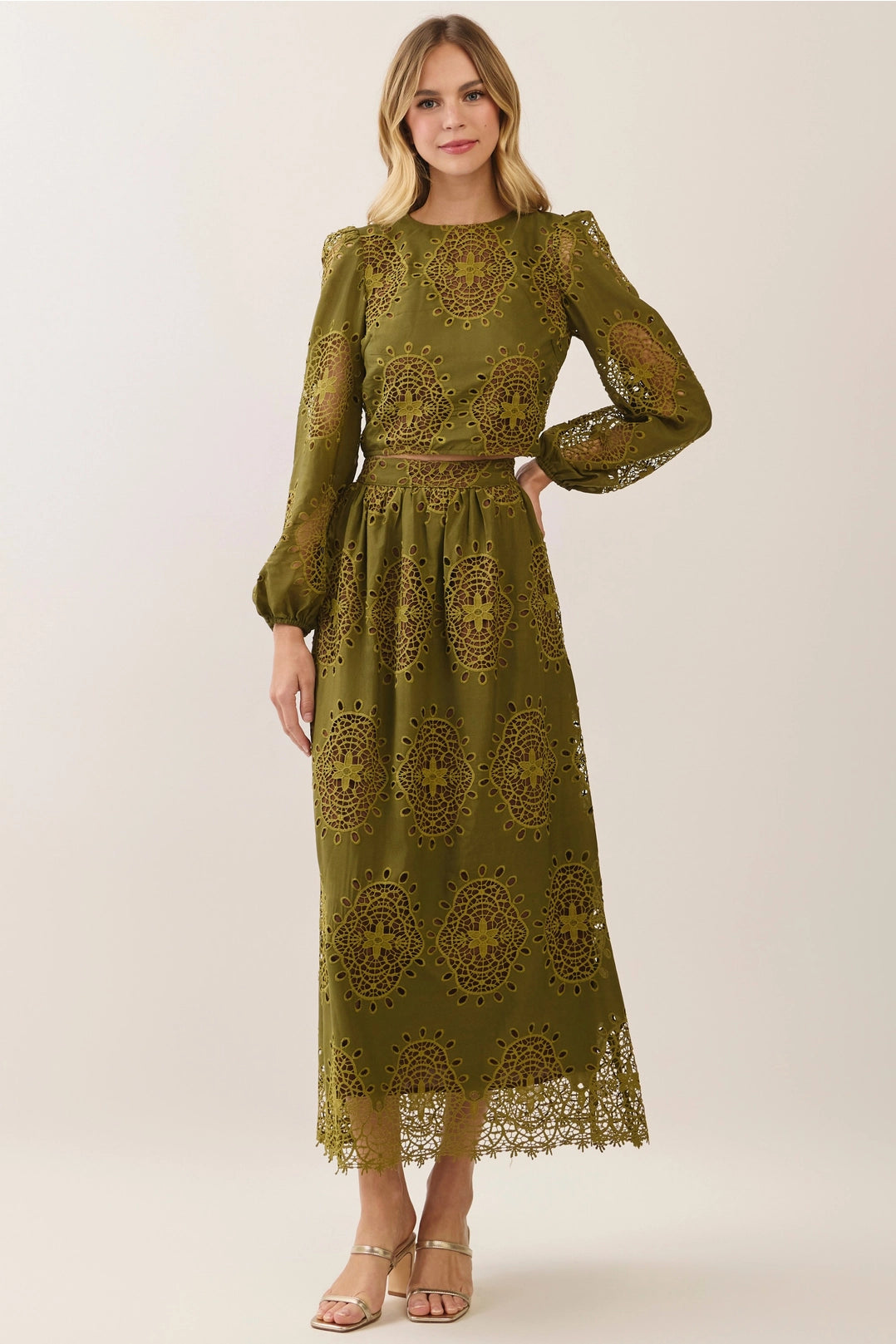 Eyelet Lace Saclloped Hem Maxi Skirt TCEC