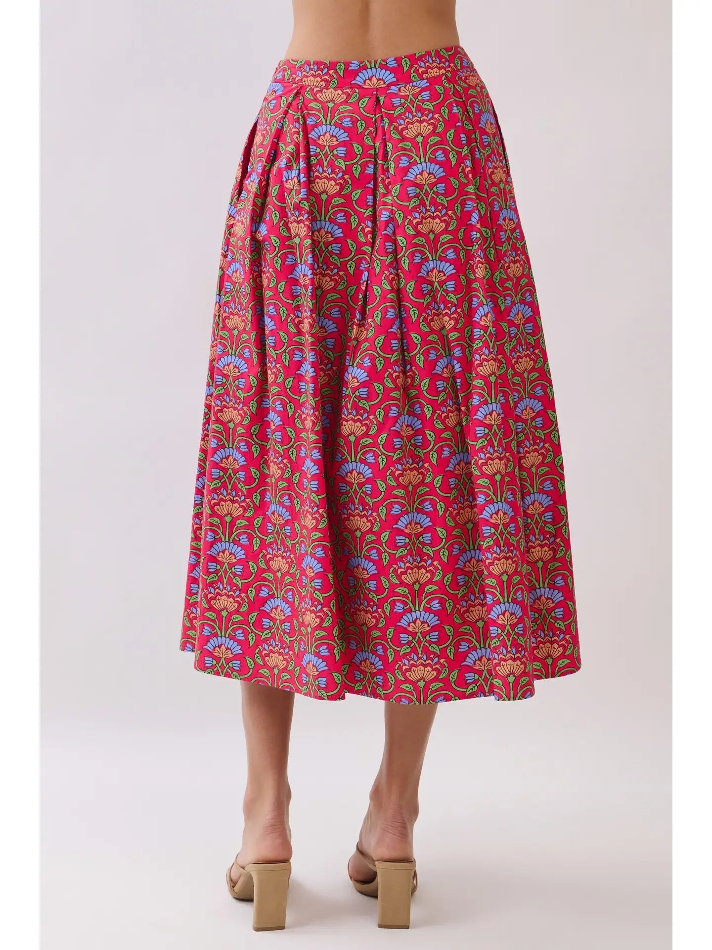 Side Zipper Pleated Detail Floral Midi Skirt TCEC