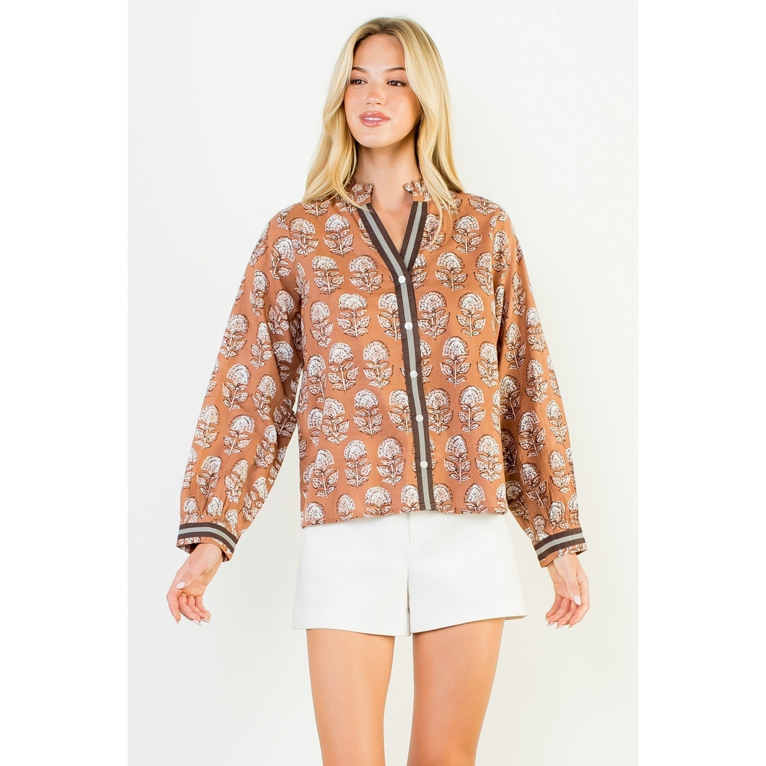 Long Sleeve Floral Detail Button Up Top THML