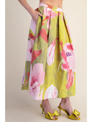 Floral Skirt - Pleated Flare Midi Glam