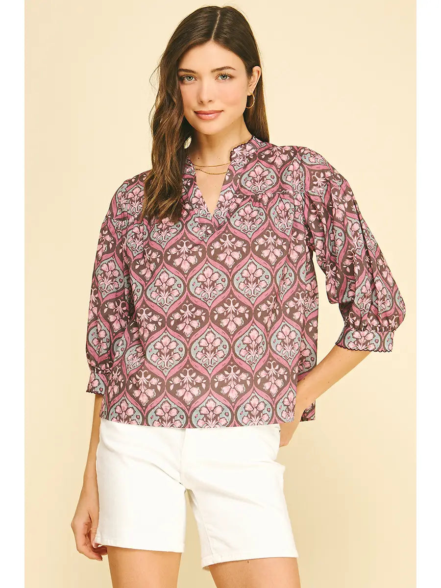 Floral V-Neck Blouse with Stitch Detail