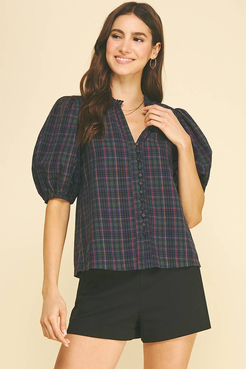 Plaid Puff Sleeve Blouse Pinch