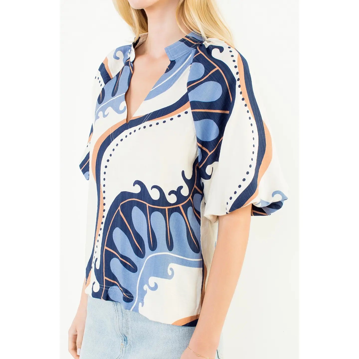 Abstract Print Top with Puff Sleeves THML
