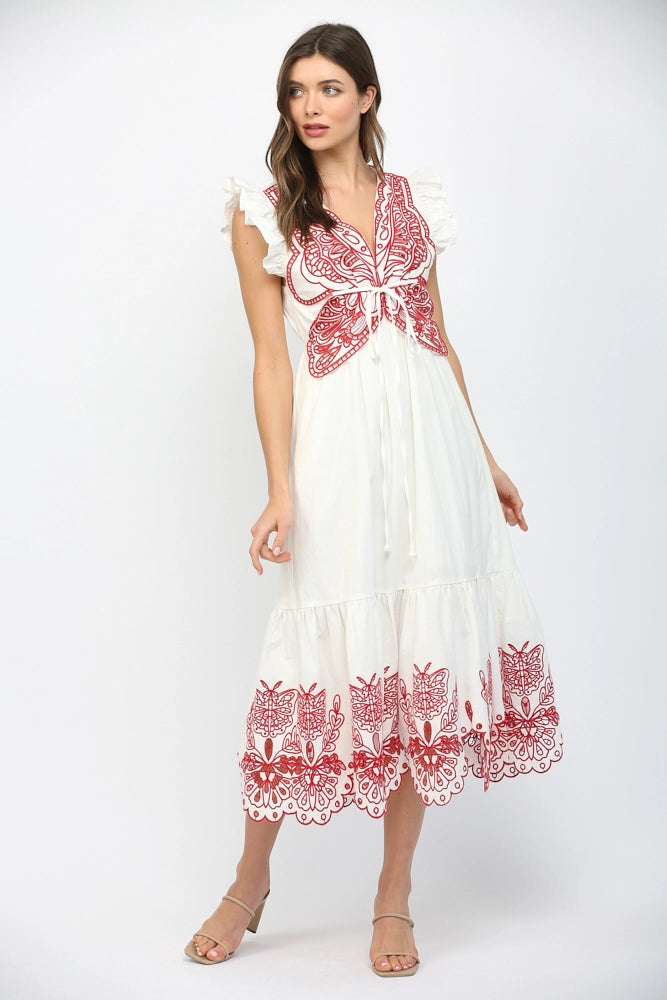 Cut-Out Embroidered Detail V-Neckline Flutter Sleeve Maxi Dress Fate