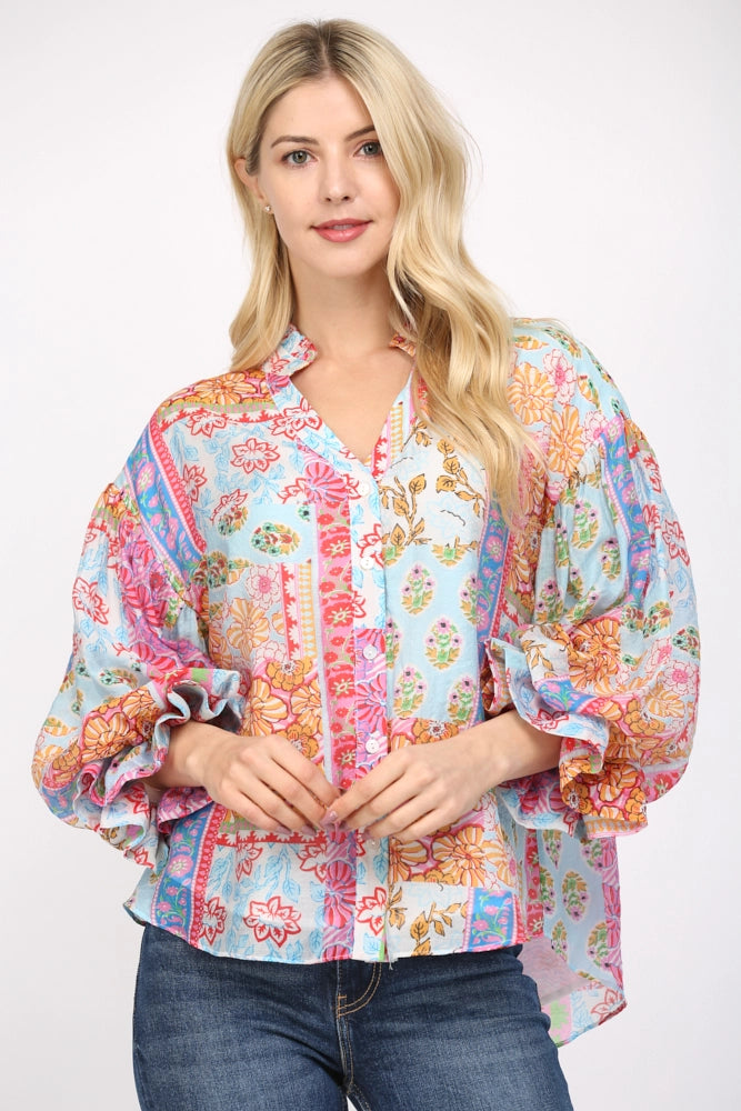 Patchwork Print 3/4 Bubble Sleeve Blouse