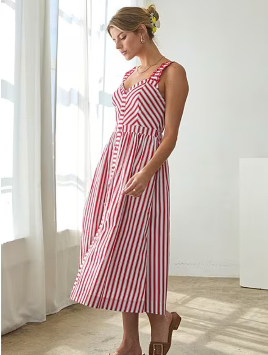 Striped Sweetheart Neck Sleeveless A-Line Midi Dress Skies are Blue