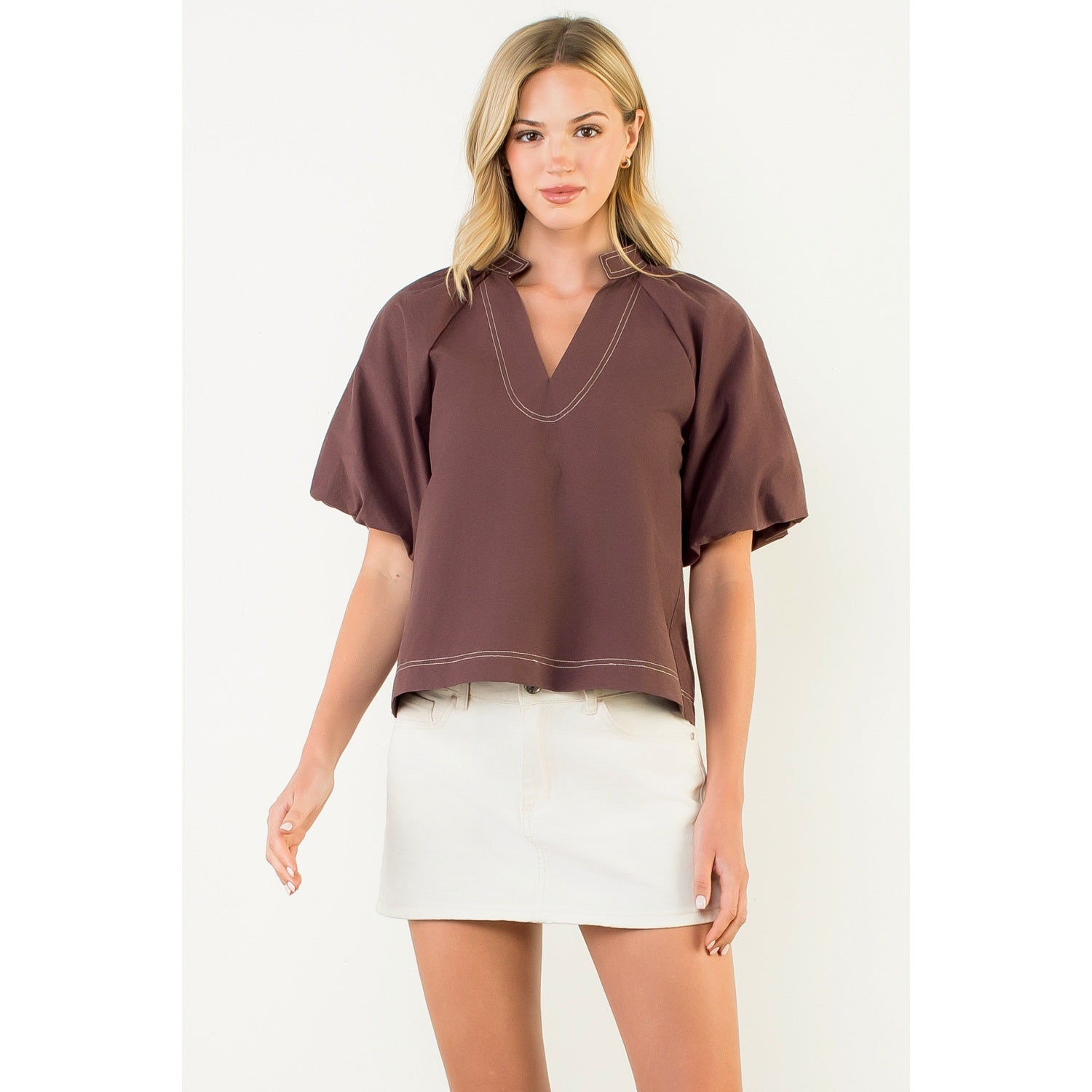 Contrast Stitch Puff Sleeve V-Neck Top THML