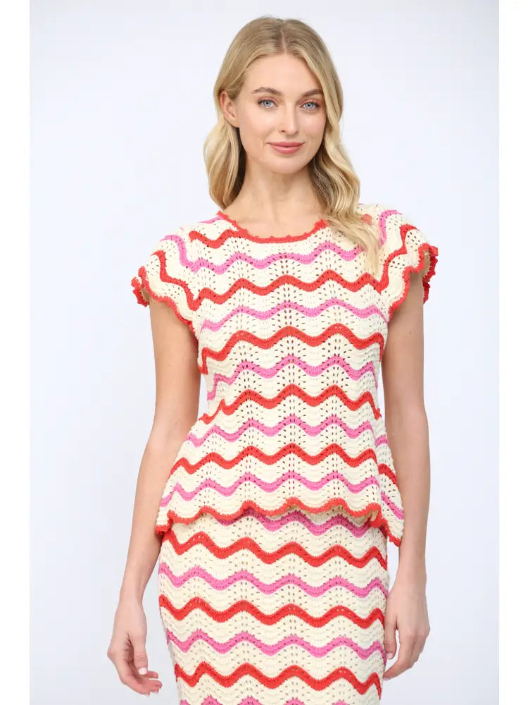 Wavy Chevron Pattern Open Knit Sweater Top Fate
