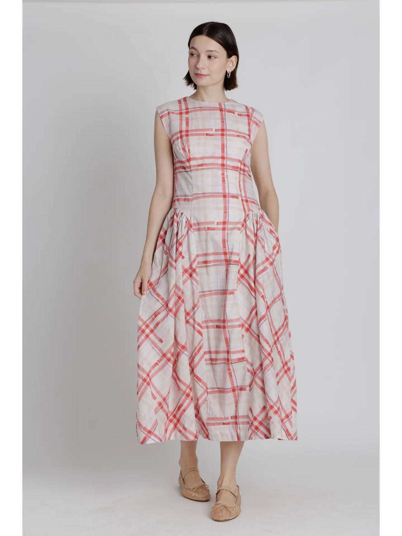 Basque Waist Plaid Midi Dress Aureum