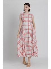 Basque Waist Plaid Midi Dress Aureum