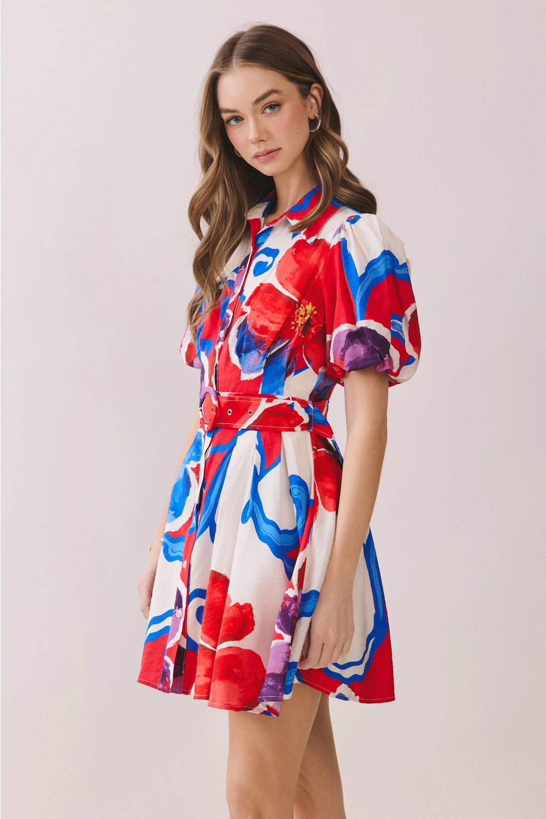 Bold Floral Print Belted Mini Shirt Dress TCEC