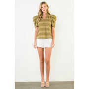 Textured Puff Sleeve Split Neck Top THML