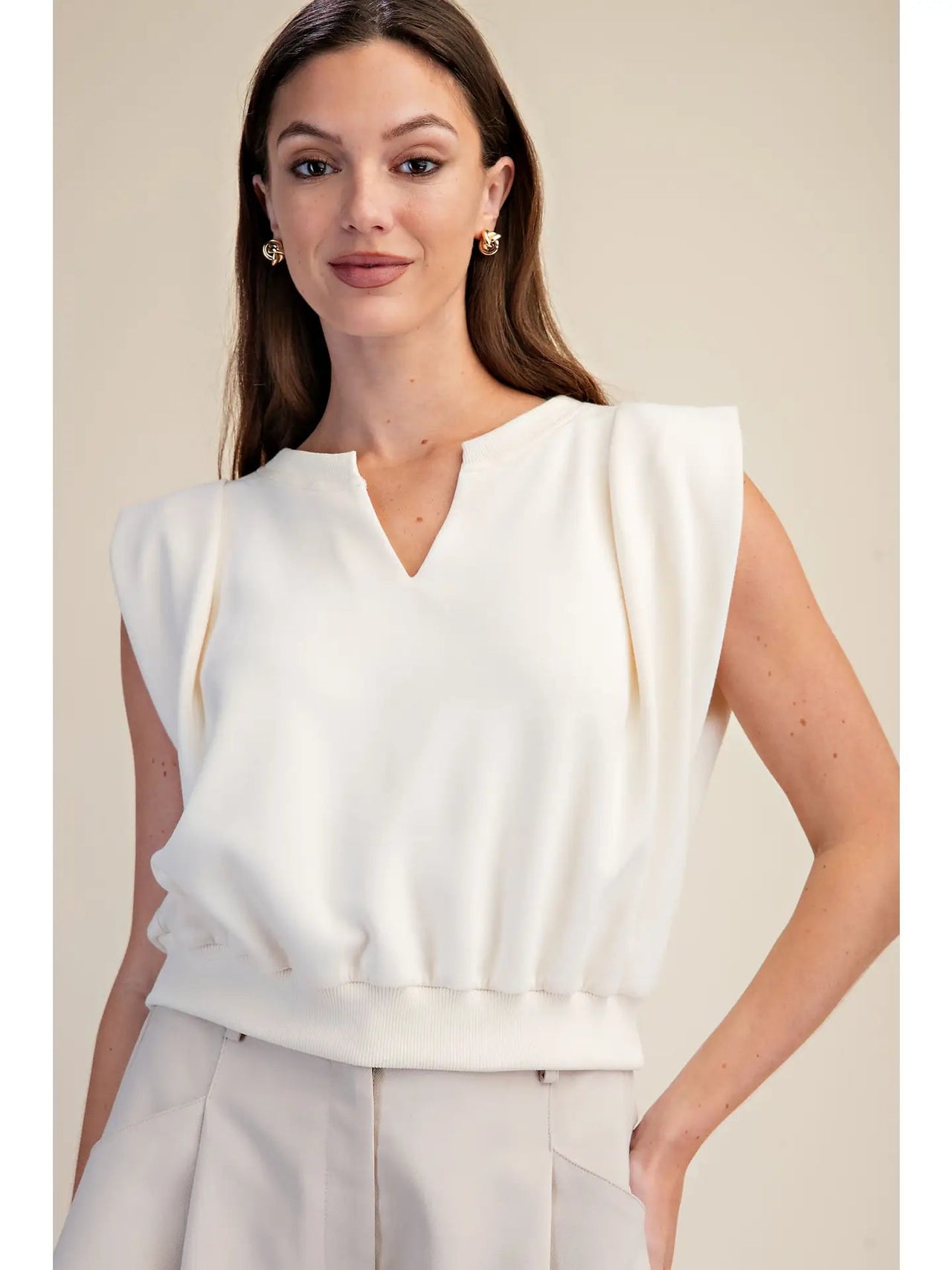 Knit Top with V-Neck Strong-Shoulder Glam
