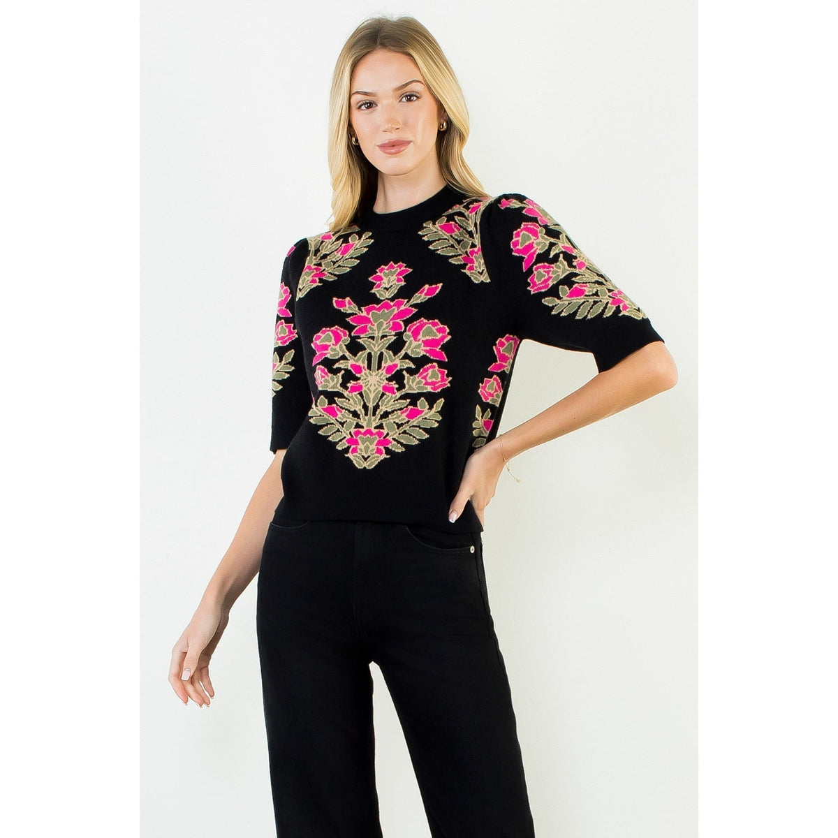 Short Sleeve Floral Pattern Sweater THML