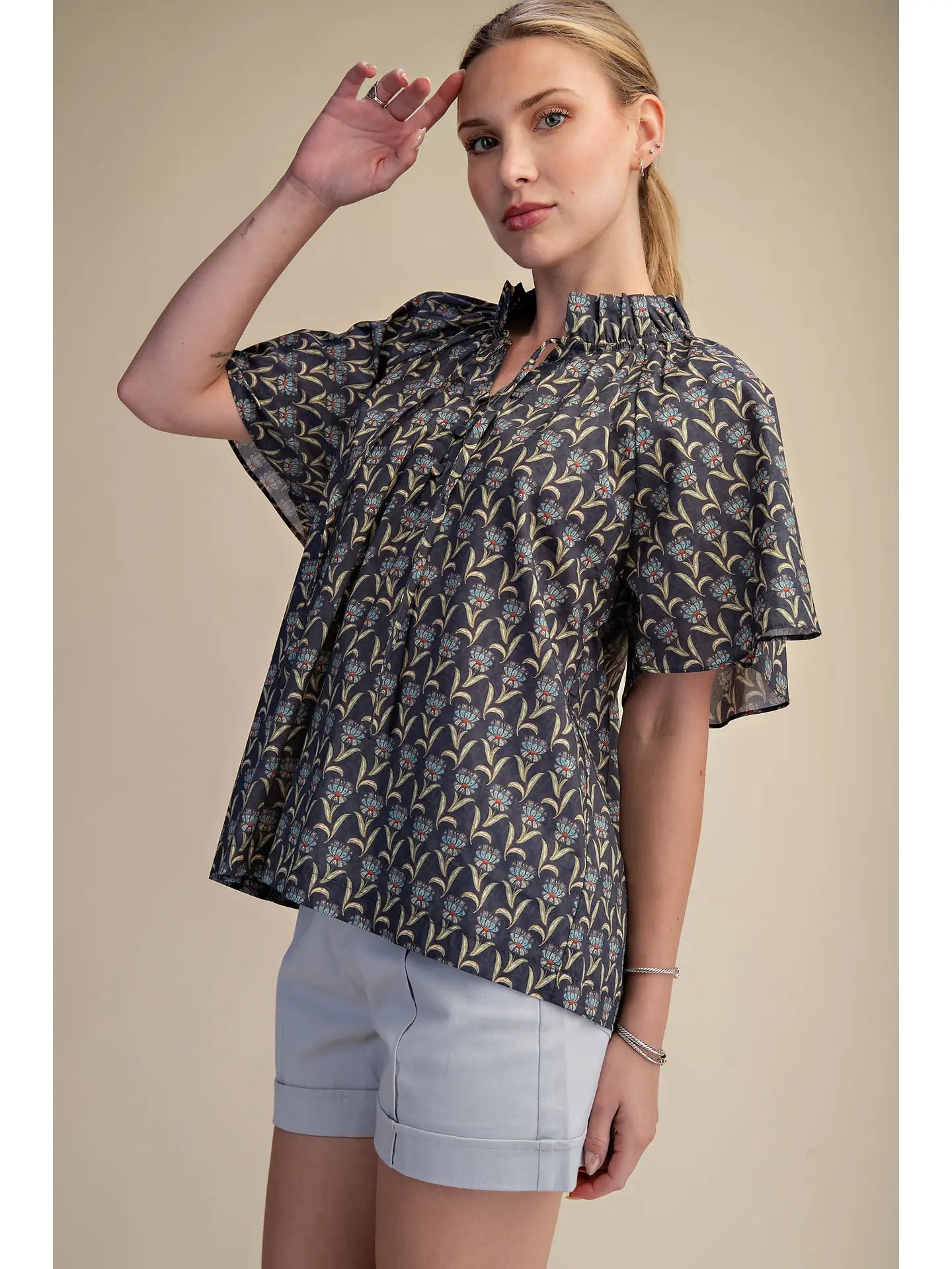 Printed Shirt Top with Ruffle Neck Raglan Sleeve Glam