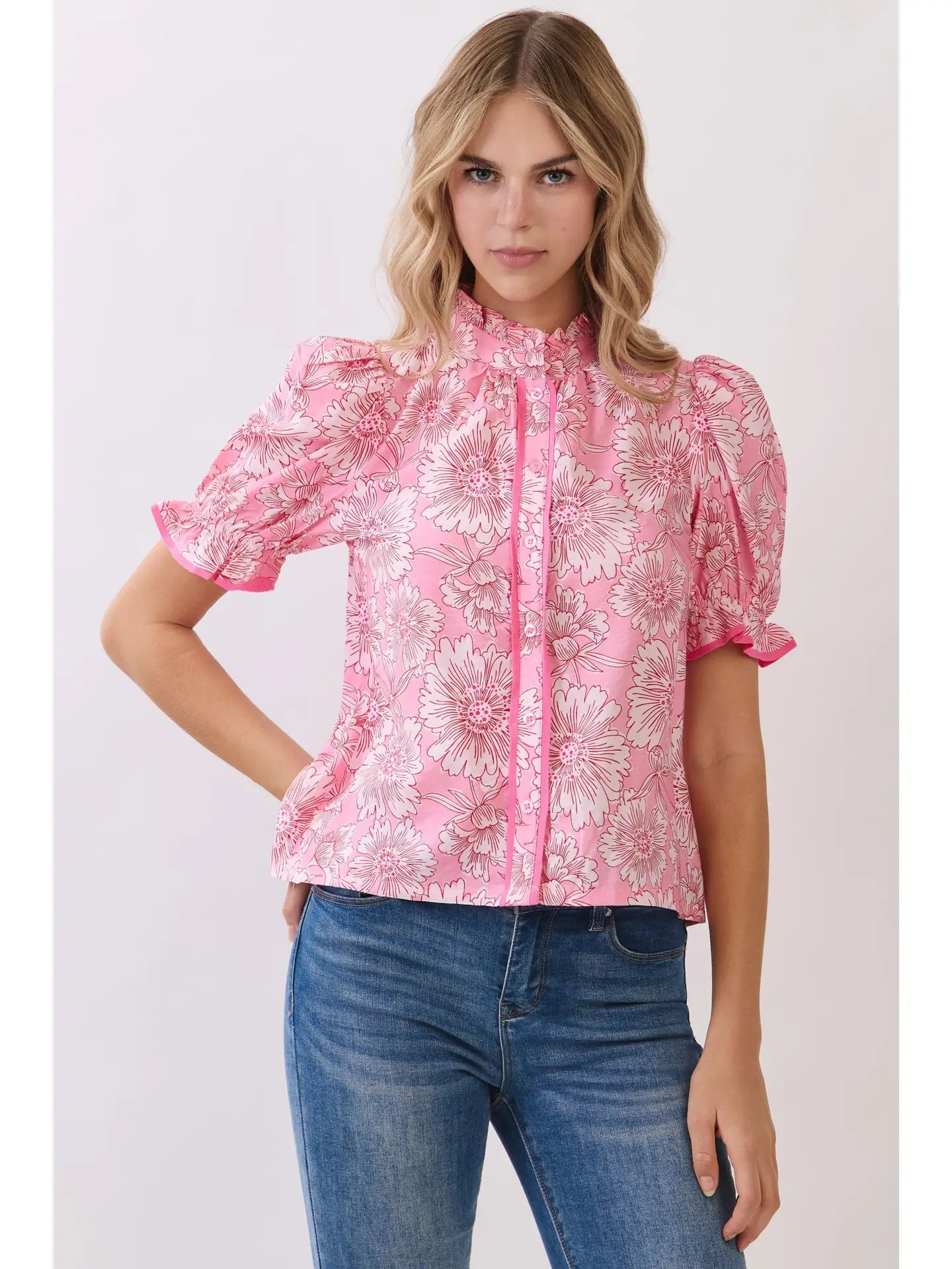 Floral Contrast Piping Detail Puff Sleeve Blouse TCEC