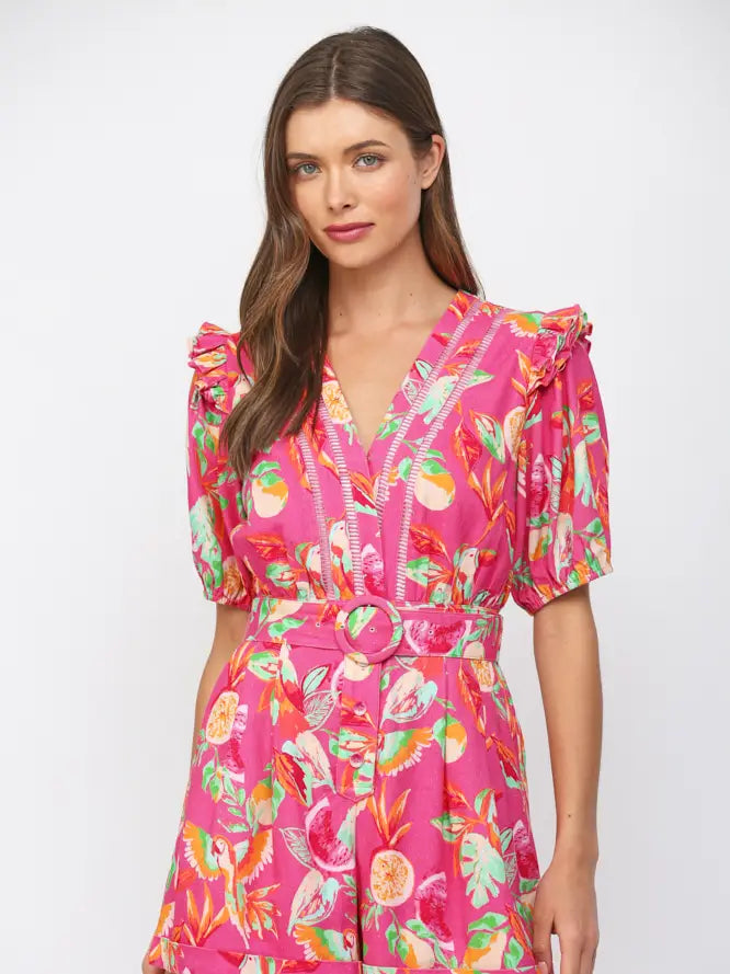 Botanical Print Lace Insert Belted Romper Fate