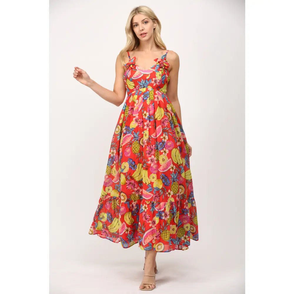 Fruit Print Cotton Voile Floral Trimmed Maxi Dress