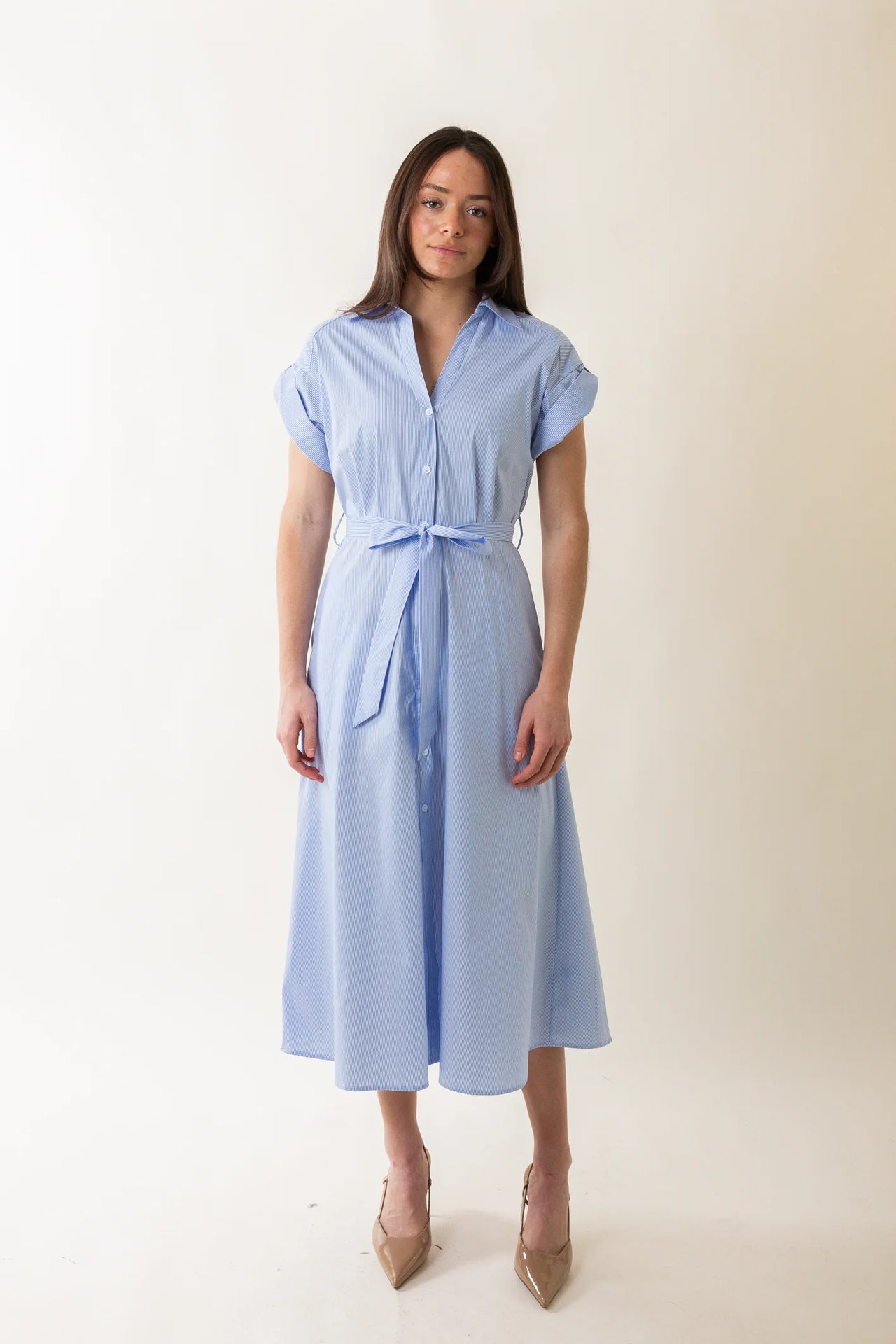 Midi Short Sleeve Collared Blue Stripe Dress