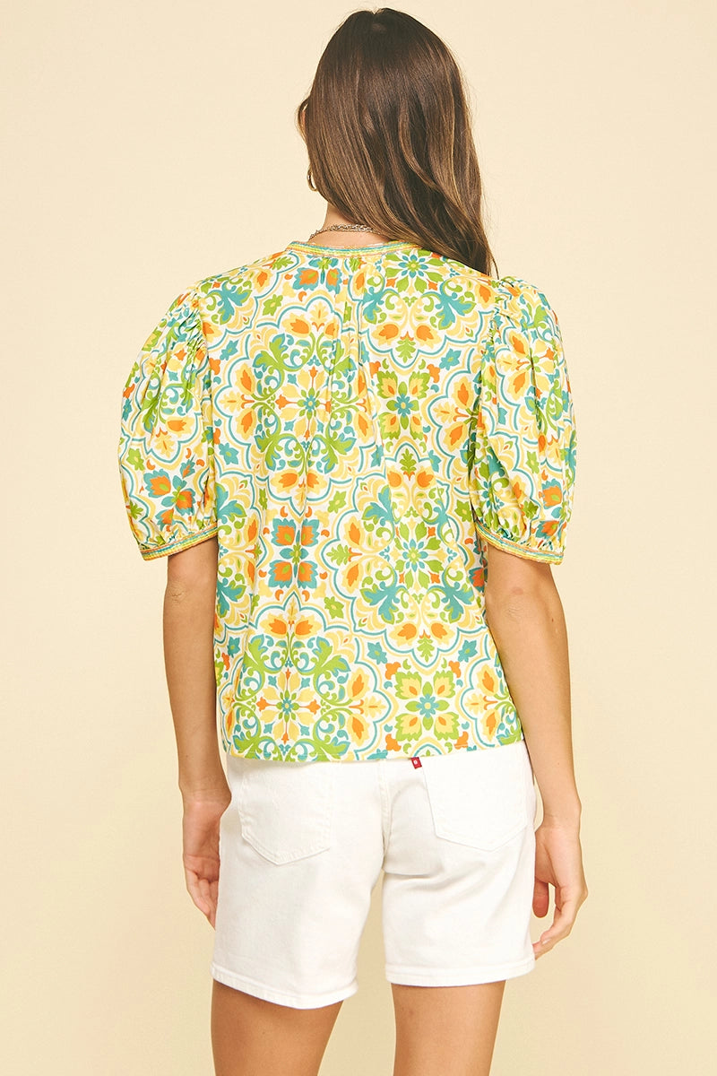 Damask V-Neck Blouse Top Pinch