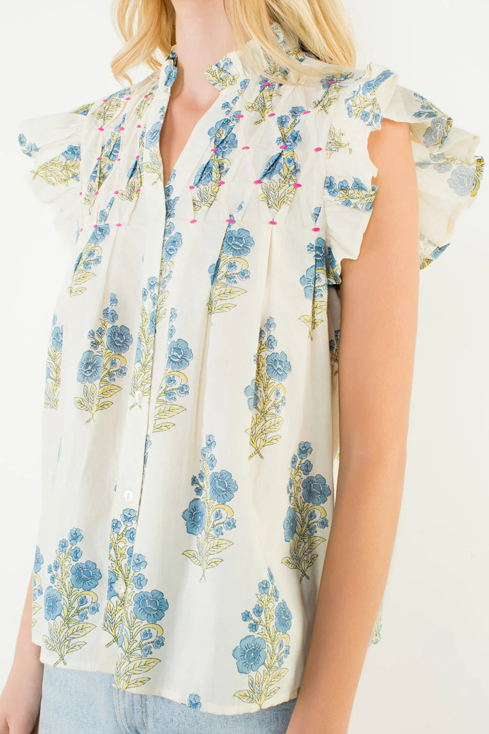 Roxanne Flutter Sleeve Floral Detail Button Up Top THML