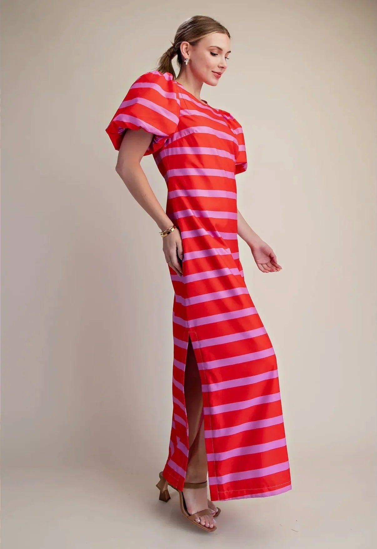 Maxi Dress Puff Sleeve Side Slit Dress Glam