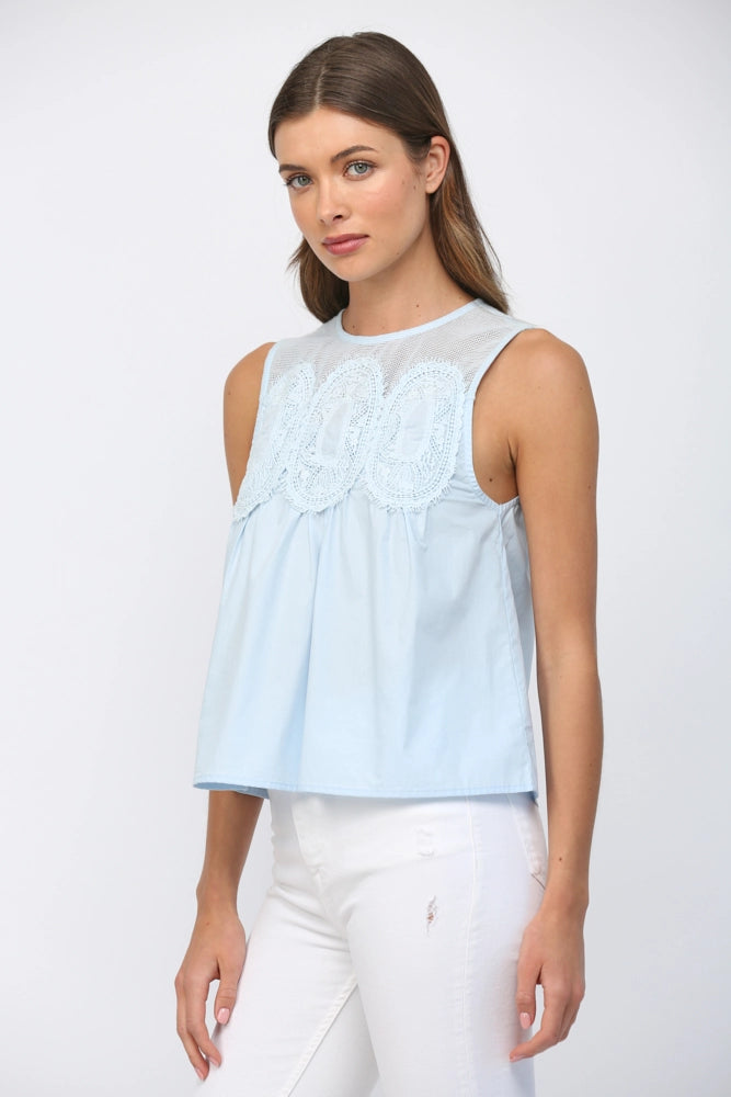Contrast Mesh Yoke Detail Lace Trimmed Sleeveless Top Fate