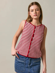 Boat Neck Sleeveless Button Front Crochet Effect Top Le Lis