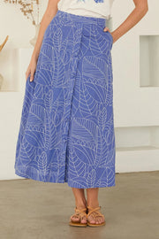 Printed Poplin Button-Front Midi Skirt Skies are Blue