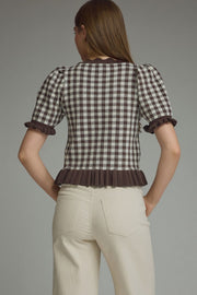 Gingham Short Puff Sleeve Knit Top Entro