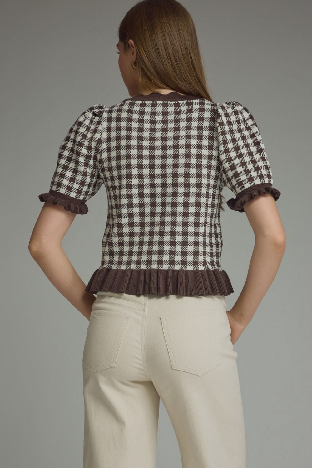 Gingham Short Puff Sleeve Knit Top Entro