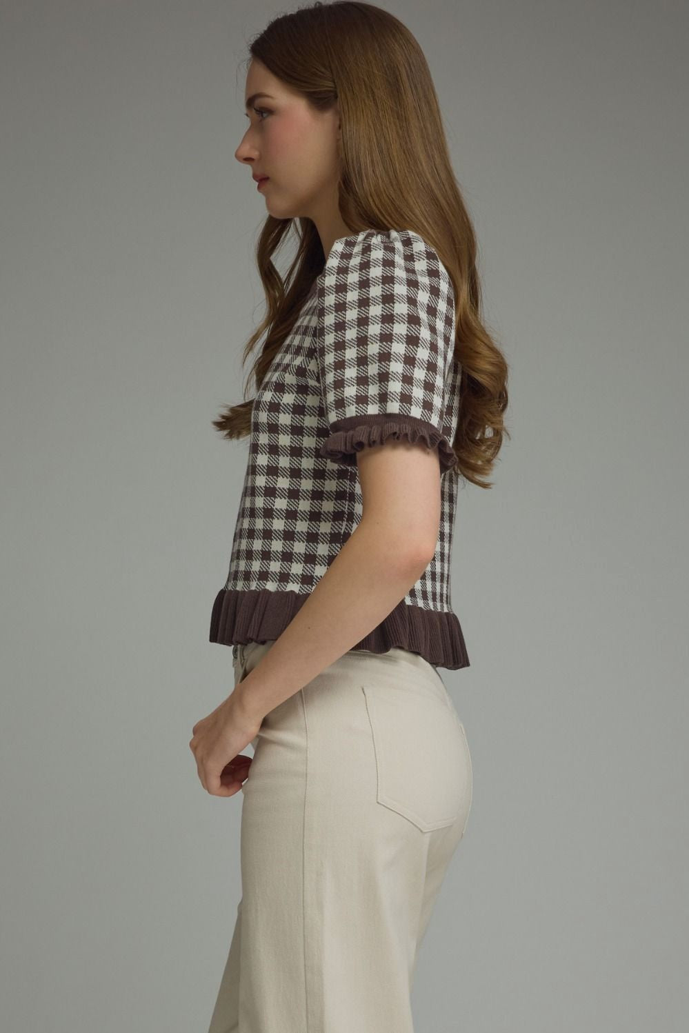 Gingham Short Puff Sleeve Knit Top Entro