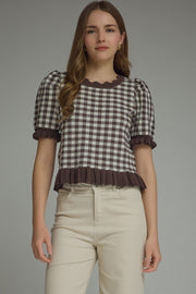 Gingham Short Puff Sleeve Knit Top Entro