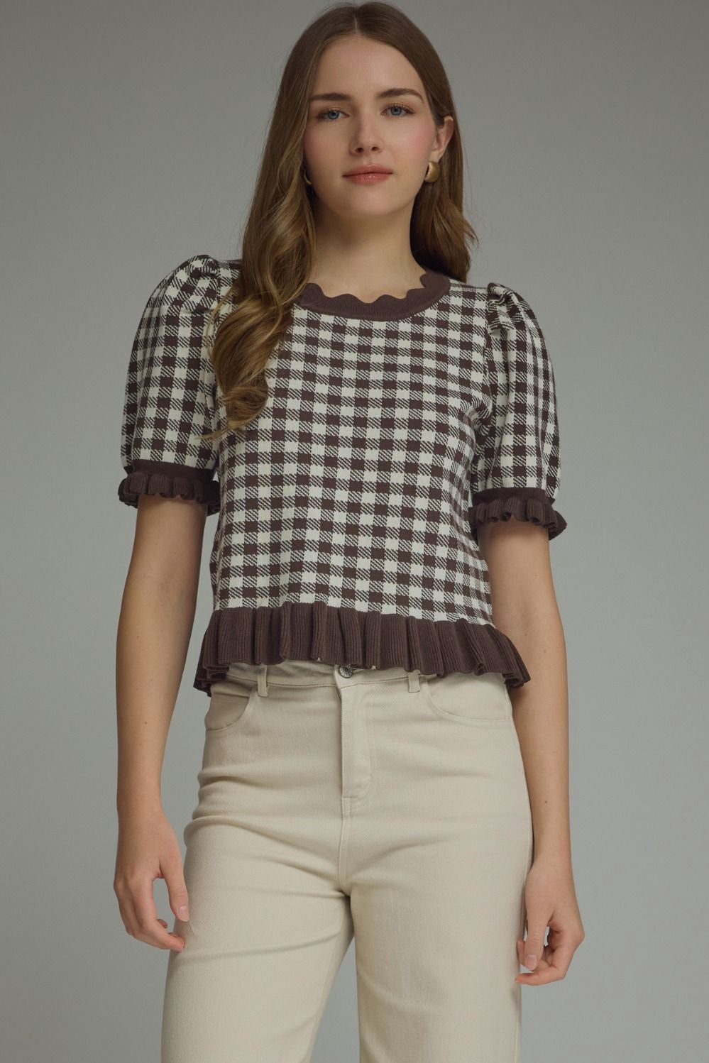 Gingham Short Puff Sleeve Knit Top Entro