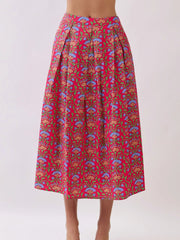 Side Zipper Pleated Detail Floral Midi Skirt TCEC