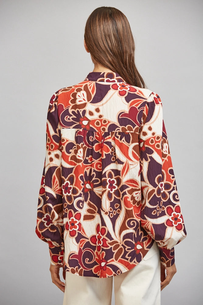 Large Scale Abstract Floral Print Stan-Up Collar Button Down Fate