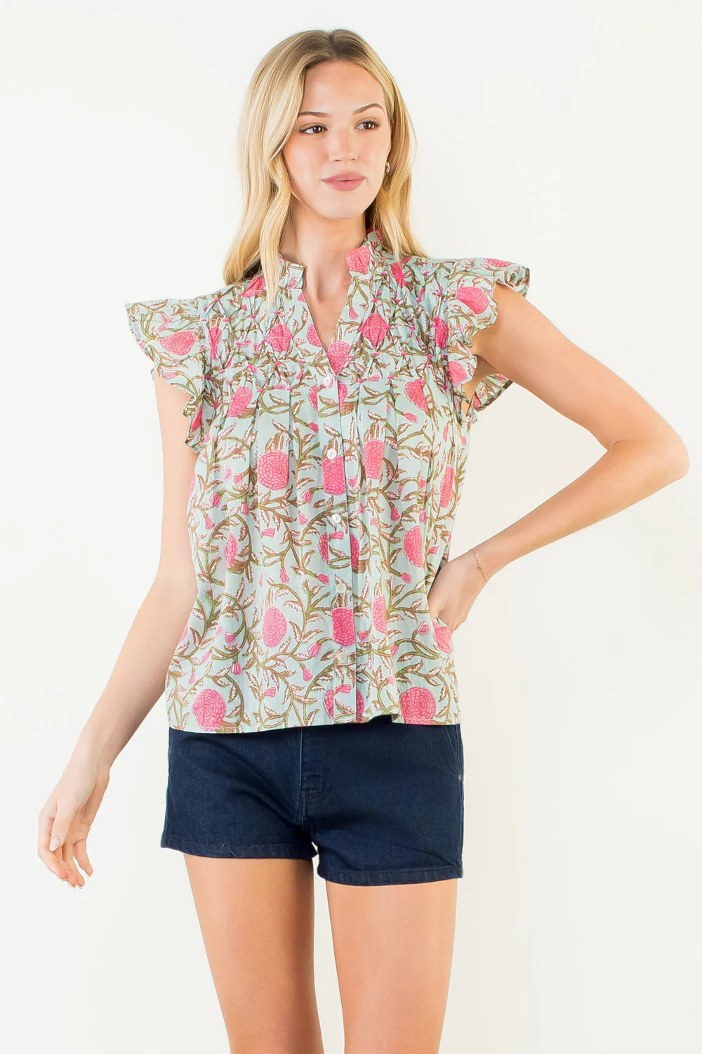 Roxanne Flutter Sleeve Floral Detail Button Up Top THML