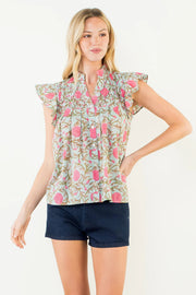 Roxanne Flutter Sleeve Floral Detail Button Up Top THML
