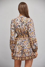 Border Print Self Tie Belt Detail Stand Collar Dress Fate