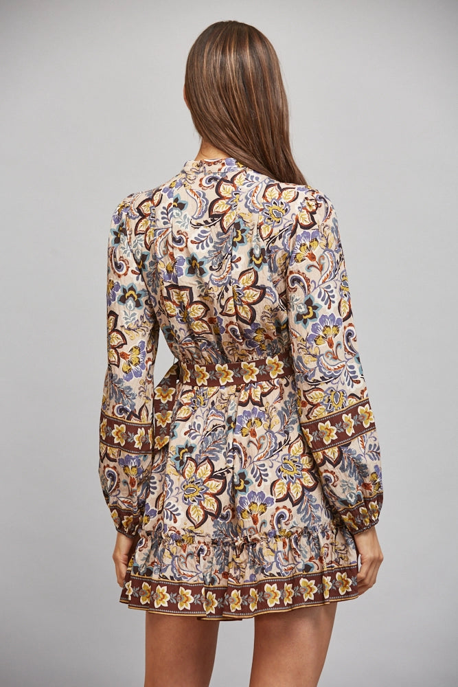 Border Print Self Tie Belt Detail Stand Collar Dress Fate