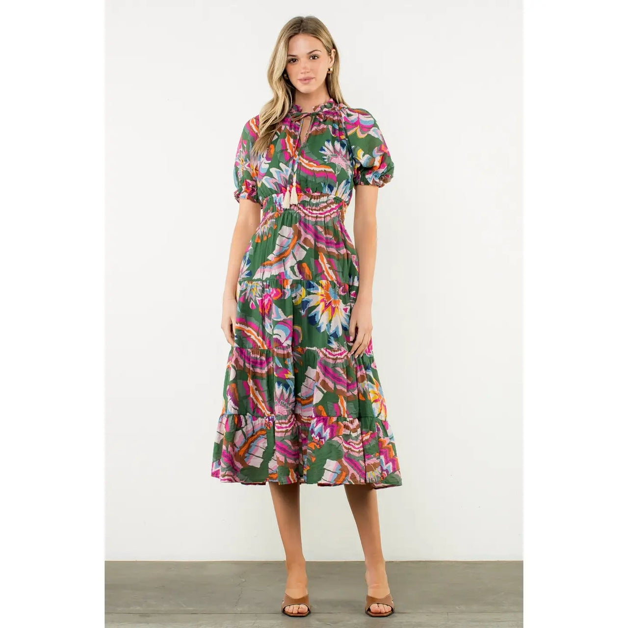 Puff Sleeve Print Tiered Maxi Dress THML